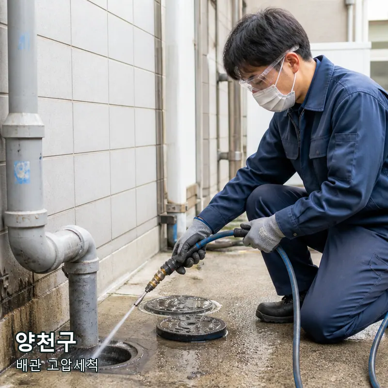 서울 양천구 외부 배수구와 세척 장비를 확인하는 예시