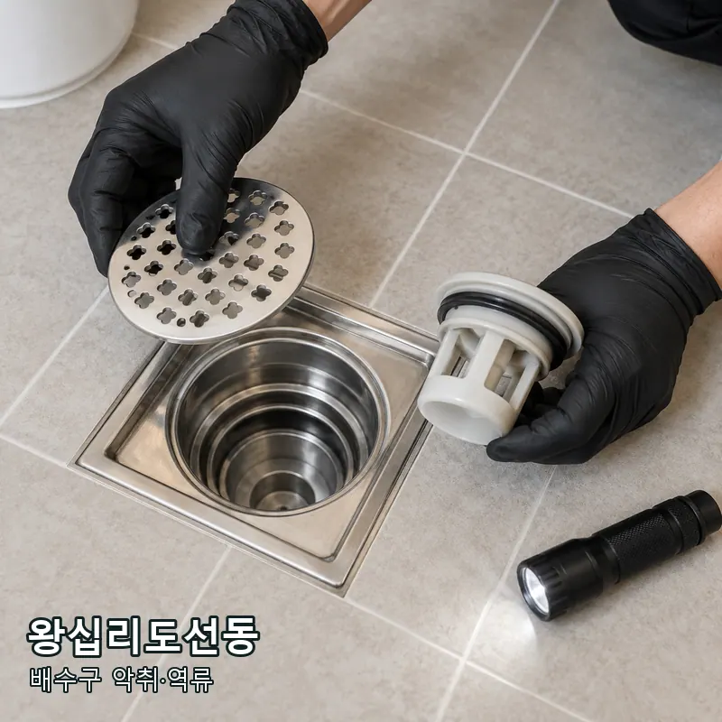서울 성동구 왕십리도선동 욕실 배수구 덮개와 악취 차단 트랩을 살펴보는 예시